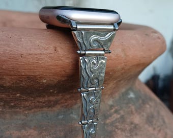 Unique 925 Sterling Silver Apple and Pixel Watch Band – Handmade Art Deco Strap