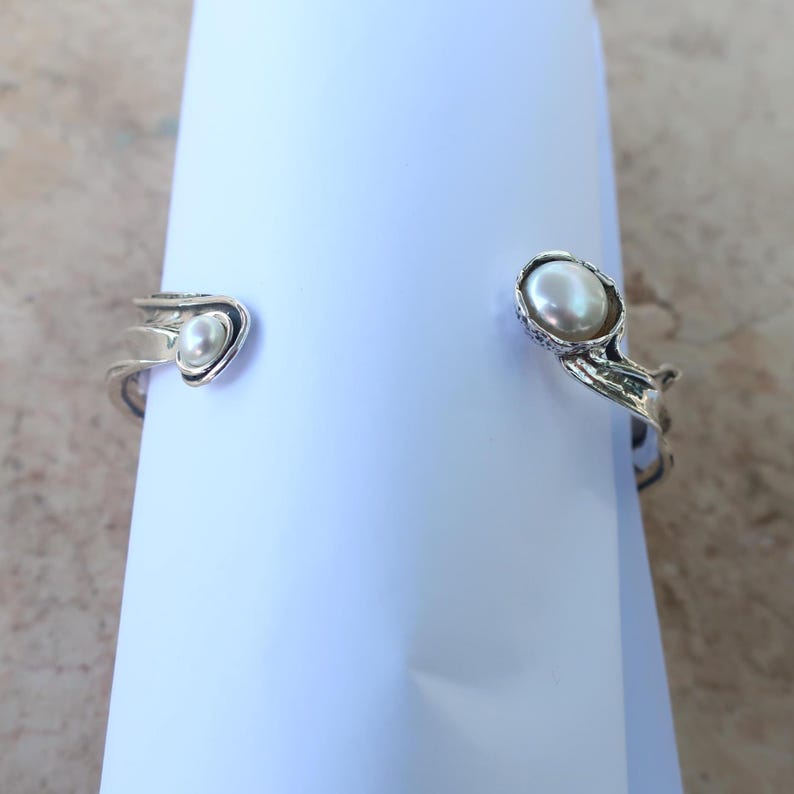 Sterling Silver Cuff Watch with White Pearls  Artisan Handmade Women's Statement Bracelet Watch