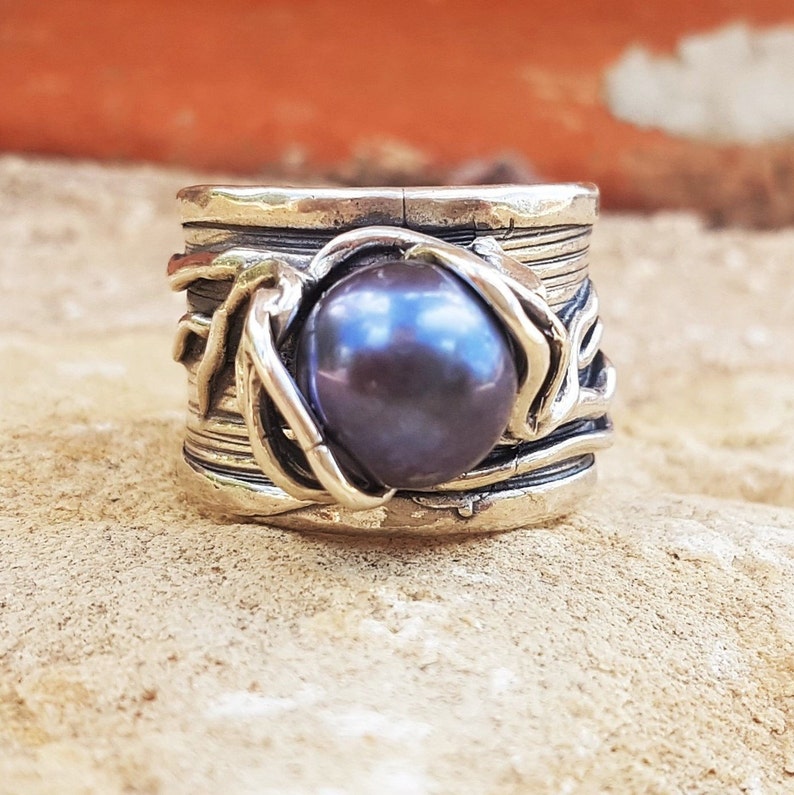 Silver Rings,Oxidized Solitaire Sterling Silver Statement Ring,Long Women/'s Ring,Big Black Natural Pearl,Wide Bohemian Ring,Artisan Jewelry