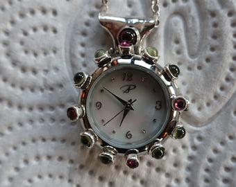 Vintage Silver Peridot Garnet Pendant Watch Necklace, Delicate Women's Multi Stone Jewelry