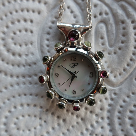 Vintage Silver Peridot Garnet Pendant Watch Necklace, Delicate Women's Multi Stone Jewelry