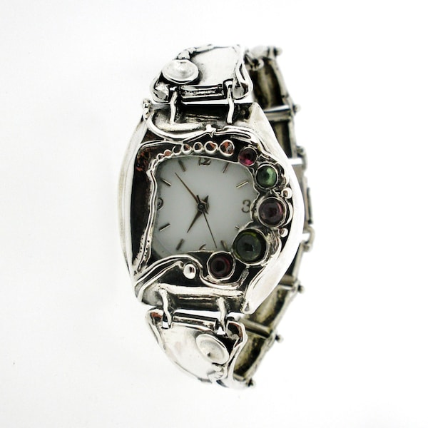 Sterling silver Multi stone silver links women genuine watch, Victorian elegant watch bracelet