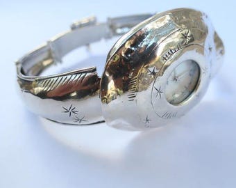 Sterling Silber Uhr Armband für Frauen: Großes rundes Gesicht Handmade Analog
