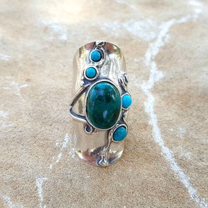 Long Turquoise Bohemian Silver Ring , Multi Stone Big Ring, Turquoise ...