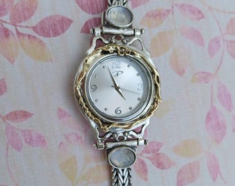 Silver & Gold chain watch bracelet, Vintage two tone watch with Gemstones, Women's Gift