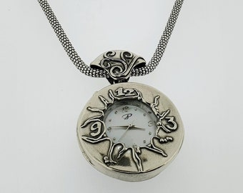 Statement Halskette Silber Uhr Anhänger, Steampunk Uhr Halskette, Silber Sonnen Anhänger