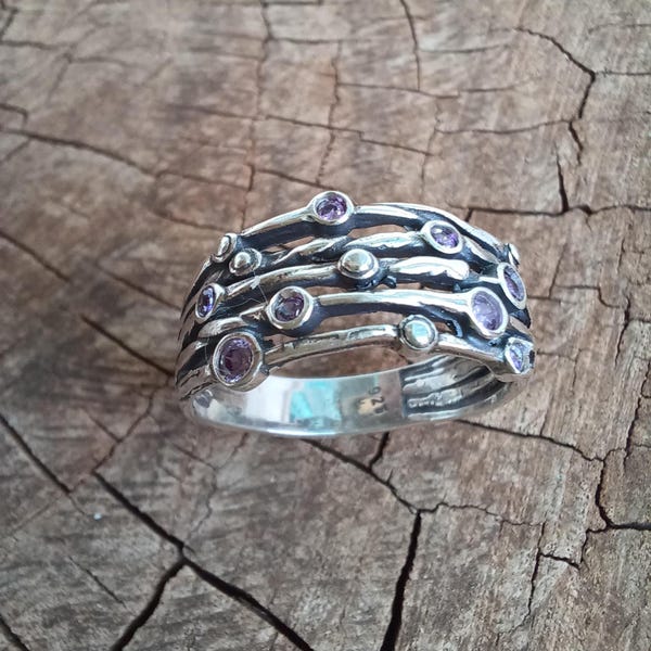 Vintage silver statement ring with CZ , Sparkling daily ring for women