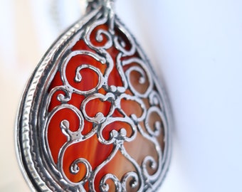 Silver Gemstone Pendant, Kinetic Filigree Design, Replaceable Stones, Jewelry Gift