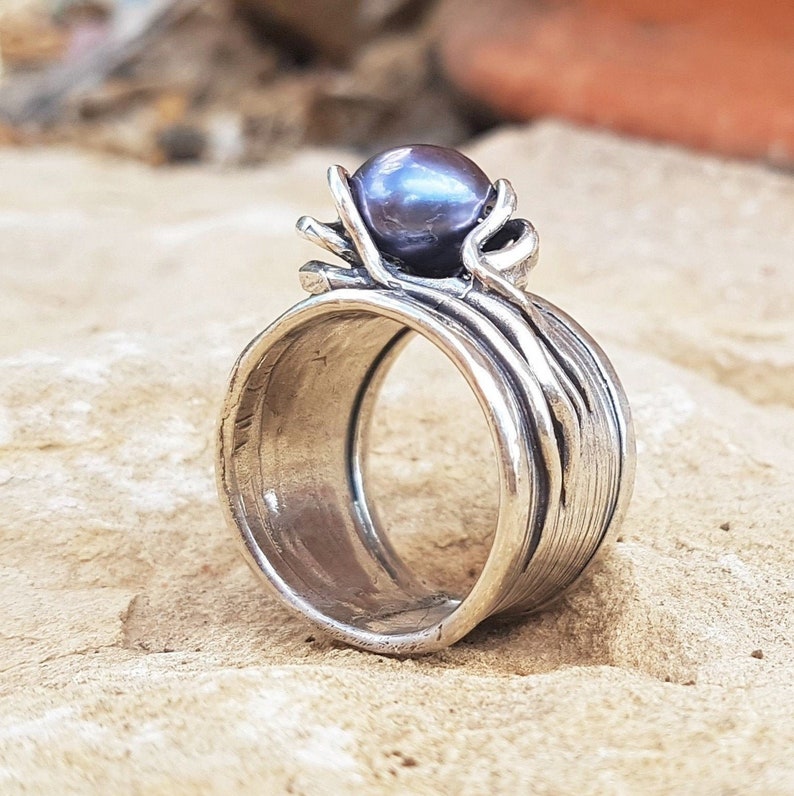 Silver Rings,Oxidized Solitaire Sterling Silver Statement Ring,Long Women/'s Ring,Big Black Natural Pearl,Wide Bohemian Ring,Artisan Jewelry