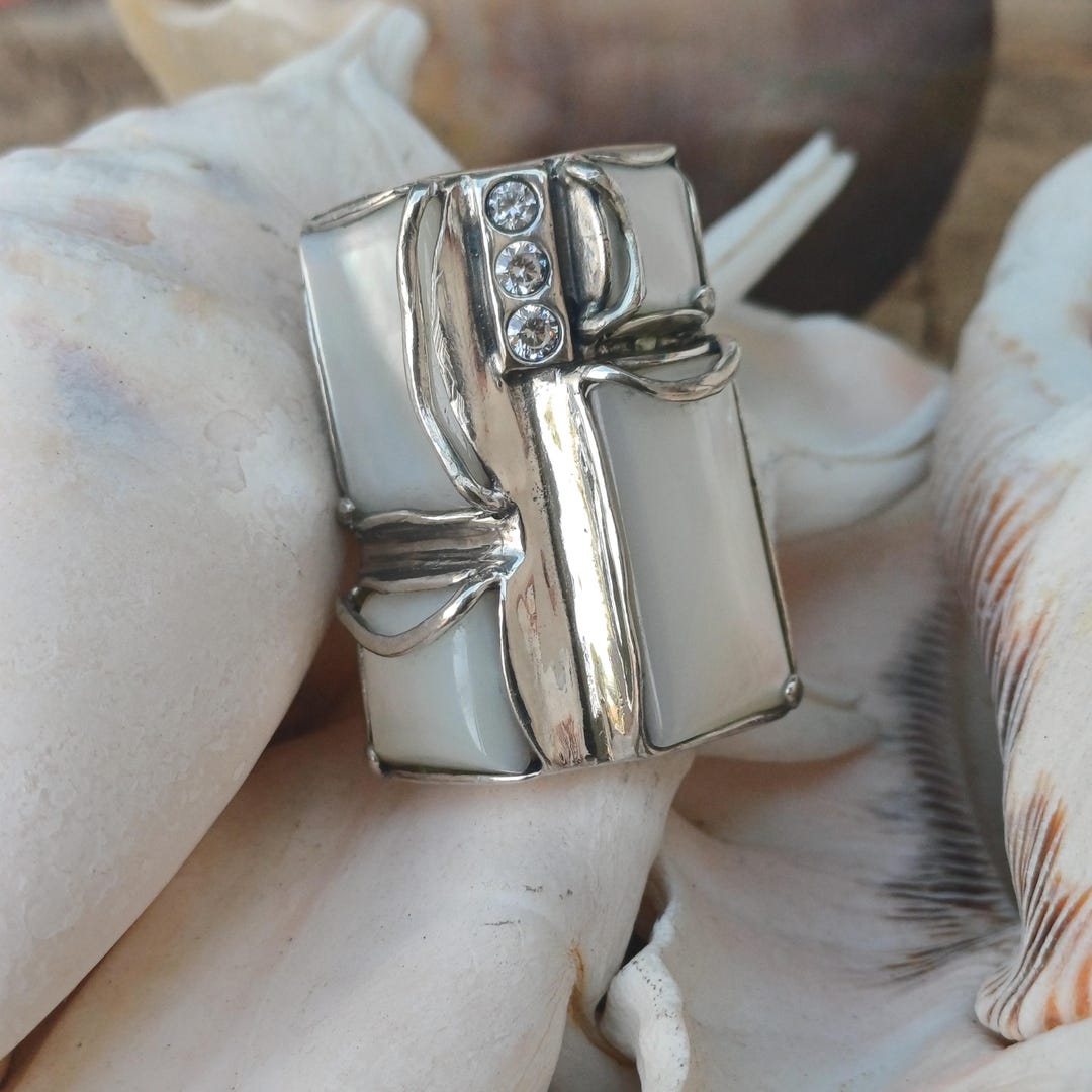 Bohemian Wide Rectangle Silver Ring, Big Geometric Stones Ring for Her ...
