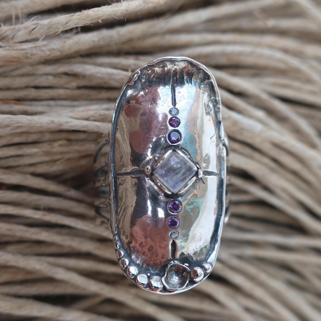 Sterling Silver Moonstone Ring: Long Bohemian Gemstone Design - Etsy