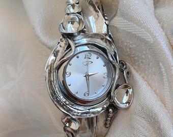 Sterling Silver Cuff Watch, Wide Bracelet Watch for Women, Bohemian Jewelry Gift