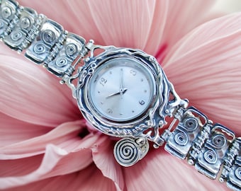 Oxidierte Sterling Silber Uhr Armband: Gehämmerte Spiral Link Armbanduhr