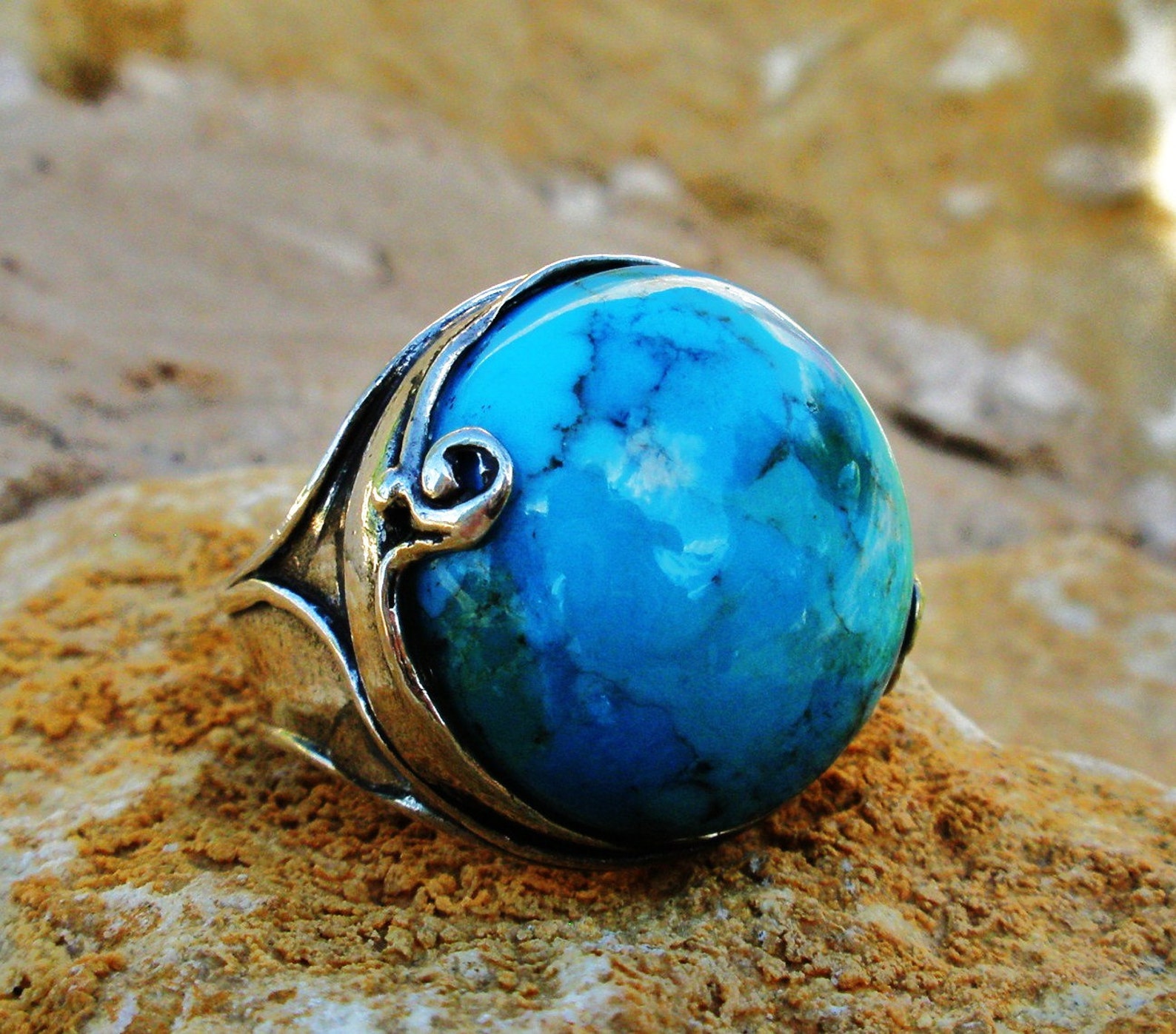 Sterling Silver Big Round Turquoise Ring Modern Wide Ring for Etsy