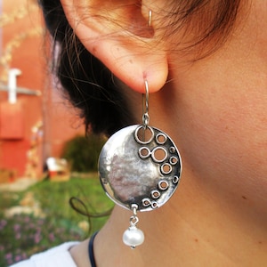 Bohemian big silver circle earring with hanging pearl  Large hammered round earring for women