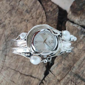 Sterling Silver Cuff Watch with White Pearls  Artisan Handmade Women's Statement Bracelet Watch