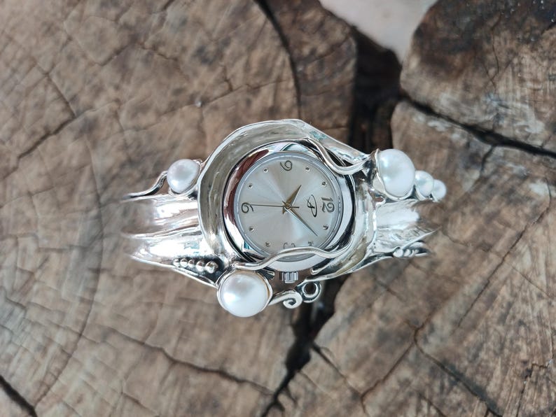 Sterling Silver Cuff Watch with White Pearls  Artisan Handmade Women's Statement Bracelet Watch
