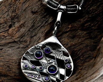 Sterling silver big  drop Amethyst  pendant for women ,Engraved oxidized silver pendant necklace