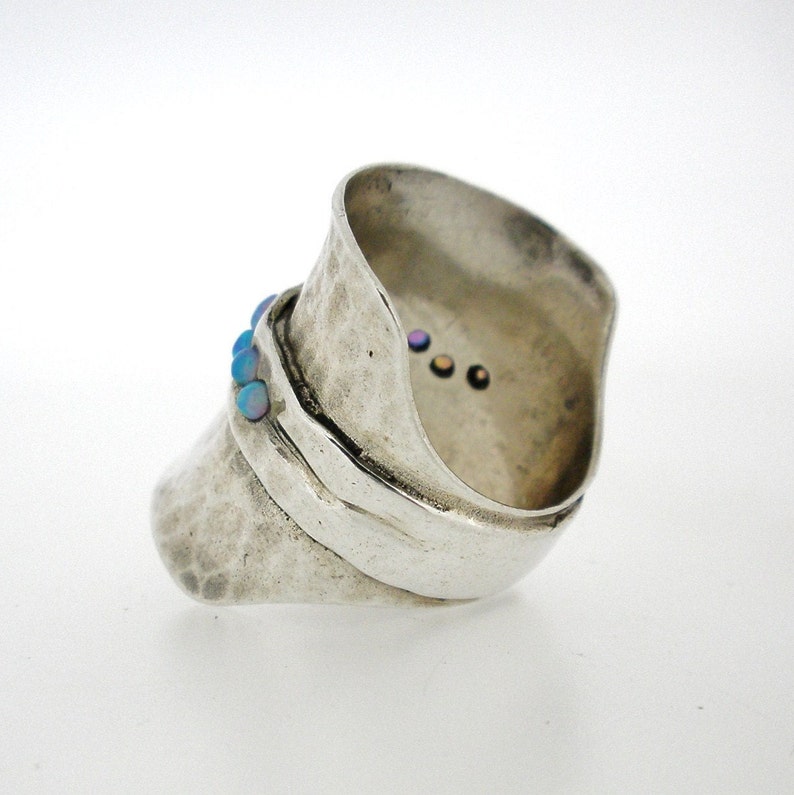 Opal Wide Silver Statement Ring: Hammered Sterling Silver, Long Multi-Stone Design image 4