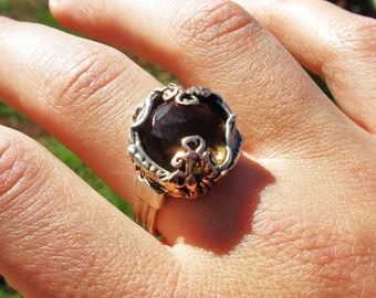 Two tone vintage brown gemstone ring, Silver & Gold dainty ring for women, Smoky quartz solitaire ring