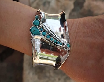 Silver unique  statement big cuff bracelet , Multi stone wide bohemian bracelet for women