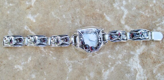 Sterling Silver Vintage Gemstone Watch Bracelet, Layered Sterling Silver Vintage Gemstone Watch Bracelet, Layered