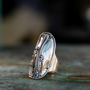 Sterling Silver Amethyst Long Finger Ring: Carved Wide Band