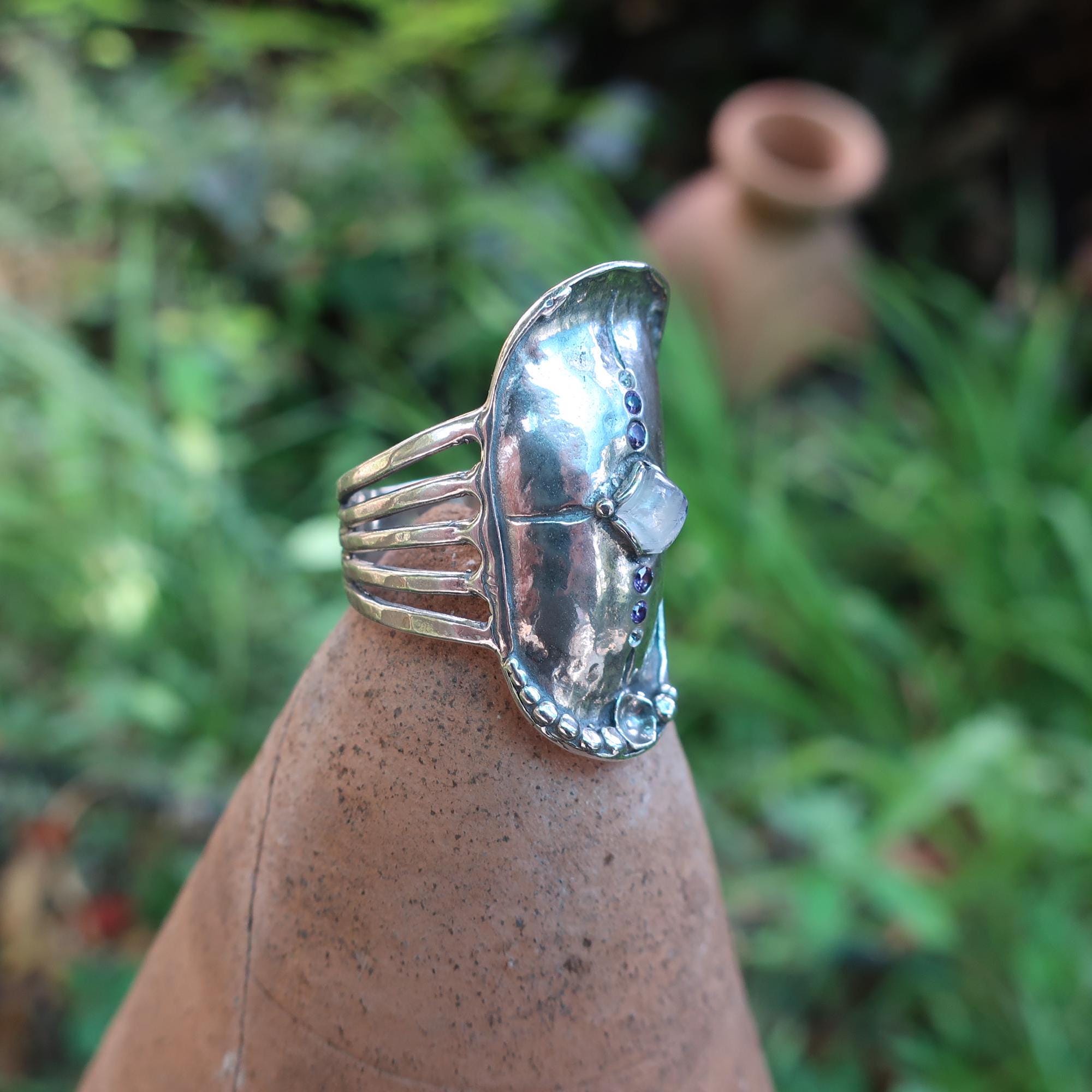 Natural Moonstone Ring, 925 Sterling Silver Ring, Wide Band Ring, Handmade Ring, Long Gemstone Ring, Dainty Ring,Hammered Ring, Gift For Her