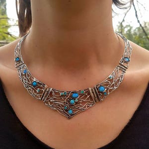 Vintage silver bib necklace, Unique wide multi stone choker for women