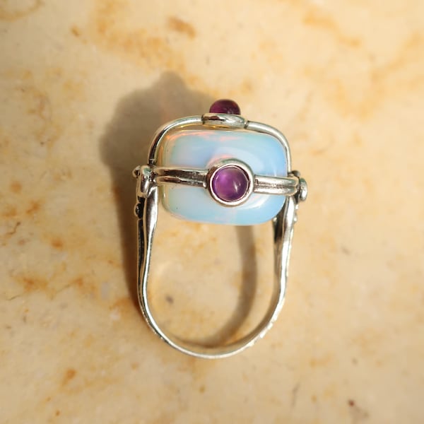 Boho Silver Opalite Ring: Garnet Accent Statement Ring