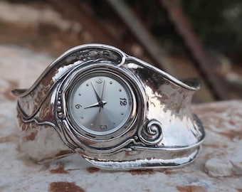 Breite Sterling Silber Manschetten Uhr: Boho Armbanduhr
