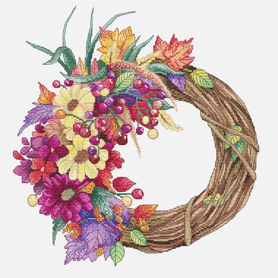 Cross stitch pattern autumn wreath needlepoint flowers Etsy