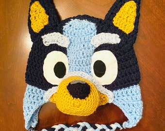 Blue Heeler Puppy Bluey Crochet Winter Hat for Baby, Toddler, Child, Adult, Halloween Costume or Cosplay Accessory