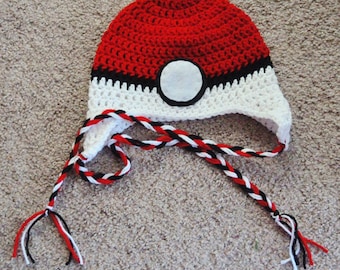Pokeball Inspired Crochet Earflap hat - Adult Sized