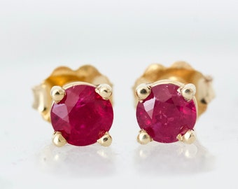 Luscious Genuine Ruby Stud Earrings, Everyday Jewelry, Solid 14k Yellow Gold Earring Studs, July Birthstone, Classic Solitaire Earrings