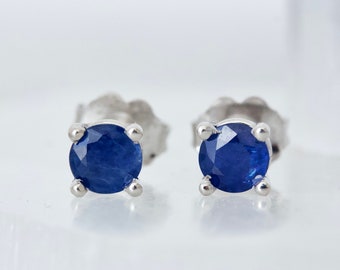 Dainty Sapphire Stud Earrings, 14k Yellow or White Gold Earring Studs, Genuine Sapphires September Birthstone, Unique Dainty Solitaire Gems
