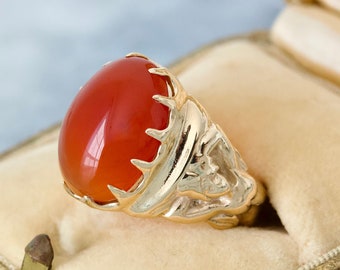 Antique Art Nouveau Carnelian Ring, 10k Yellow Gold Size 8, Early 1900s Figural Jewelry, Bold Unisex Cocktail Ring, Oval Cut Orange Gemstone