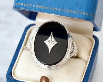 Striking Art Deco Black Onyx Cocktail Ring in 10k White Gold, Size 7.75, Antique 1930s Filigree Rings, Statement Jewelry, Oval Cut Gemstones