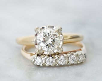 STUNNING Vintage 1950s 1.00 Carat Diamond Engagement Ring and Wedding Band in 14k Yellow Gold, Size 6 & 6.25, Mid Century Bridal Set