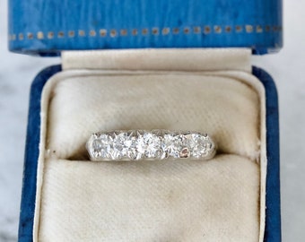 Beautiful 1960s Five Diamond Wedding Band, 14k White Gold, Size 4.75, Vintage Mid Century Anniversary Ring, 0.60 Cttw Diamond Band
