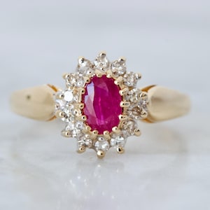 Dainty Ruby Halo Engagement Ring in 14k Yellow Gold Size 7, July Birthstone Jewelry, Oval Cut Red Gemstone, Vintage 1980s 90s Cocktail Ring