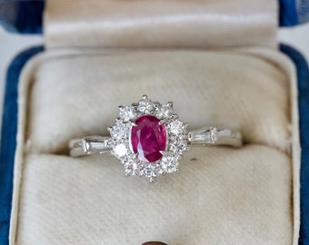 Dainty Natural Ruby with Diamond Halo Engagement Ring in Platinum Size 8, July Birthstone Estate Jewelry, Mid Century Style Cocktail Ring