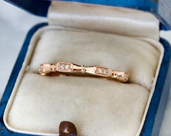 Dainty Rose Gold Stacking Band in Solid 10k, Size 7.25, Diamond Accented Stackable Ring, Whisper Thin Gold Ring, Three Quarter Eternity Band