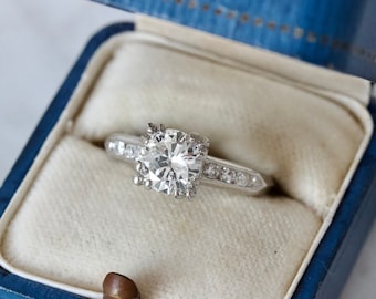 Circa 1950s Diamond Engagement Ring in Platinum, 1.04 Ct Diamond, Size 5 Sizable, Classic MidCentury Bridal Jewelry, Antique Wedding Ring