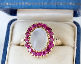 Vintage Moonstone and Ruby Halo Ring in 10k Yellow Gold, Size 7.75, 1940s Cocktail Rings, June and July Birthstone Jewelry, Mid Century Ring