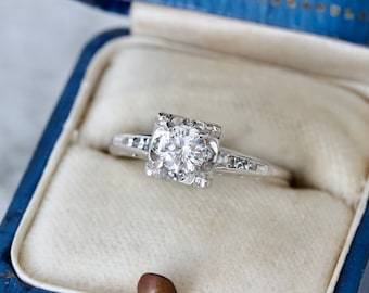 1950s Vintage Engagement Ring in 14k White Gold, Size 6.75, 0.39 CT Diamond Solitaire Ring, Mid Century Era Jewelry, Classic Bridal