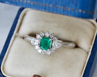 Stunning Emerald and Diamond Halo Engagement Ring in Platinum, Size 7, May Birthstone, Pear Cut Gemstones, Fine Estate Bridal Jewelry