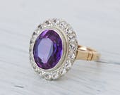 Antique Engagement Ring | Edwardian Ring | Diamond Halo Ring | Synthetic Alexandrite Ring | 14k Yellow Gold Ring | Art Deco Ring | Size 6