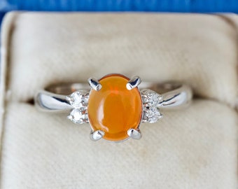 Vibrant Fire Opal and Diamond Cocktail Ring in Platinum, Size 7.25, October Birthstone, Unique Estate Opal Jewelry, Orange Cabochon Gemstone