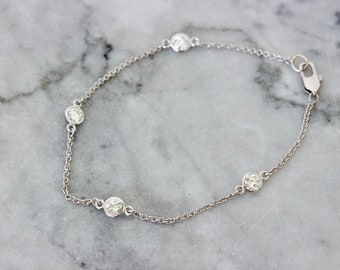 Gorgeous Diamond Station Bracelet in 14k White Gold, 7+ Inches, 1.00 Carats TW, Fine Everyday Jewelry, April Birthstone, Slender Cable Chain